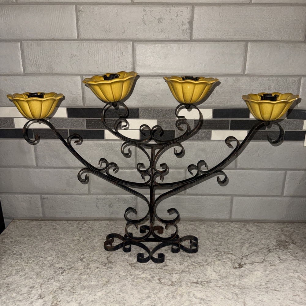 VTG Treasure Craft 4 Candelabra Black Metal Scroll Yellow Ceramic Floral READ